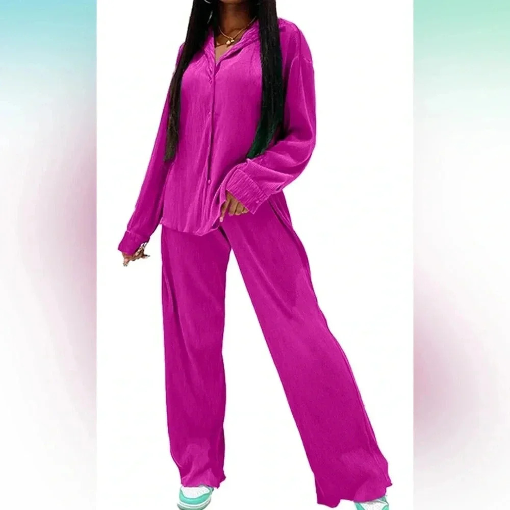 Casual 2 Piece Outfits Long Sleeve Button Down Pleated Shirt Blouse Pants Set - Picture 3 of 7